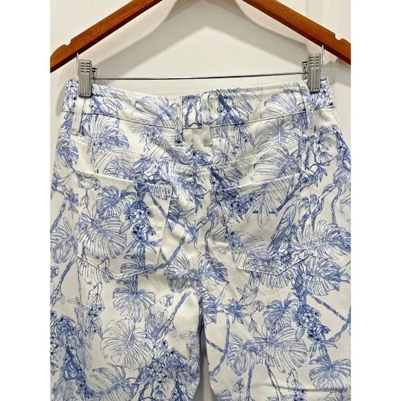 ELIE TAHARI Skinny Ankle Womens Pants White Blue Tropical Floral Bird Havana 10 - Picture 10 of 11